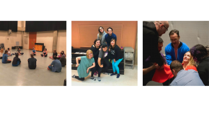 Three Pictures, in different rehearsal space, smiling groups of people. The first is a groupd of people sitting in a circle on floor. A smiling group of people posing for a pictures. A woman looking up being supported by a group of people.