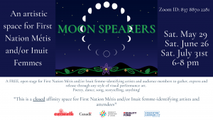 Illustrated phases of the moon in a circle, on a blue starry background, with beaded green leaves and a purple beaded flower on a black waved border on the bottom of the image, with the words Moon Speakers.