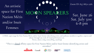 Illustrated phases of the moon in a circle, on a blue starry background, with beaded green leaves and a purple beaded flower on a black waved border on the bottom of the image, with the words Moon Speakers.