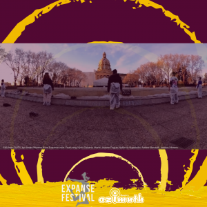 A burgundy background with roughly painted yellow circles radiating outwards, a faded picture of folks facing the Alberta Legislature dressing in PPE.