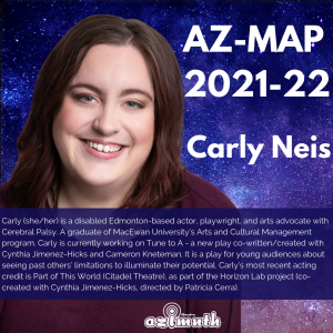A picture of Carly Neis amid a galaxy with a bio of their experience and joys of theatre.